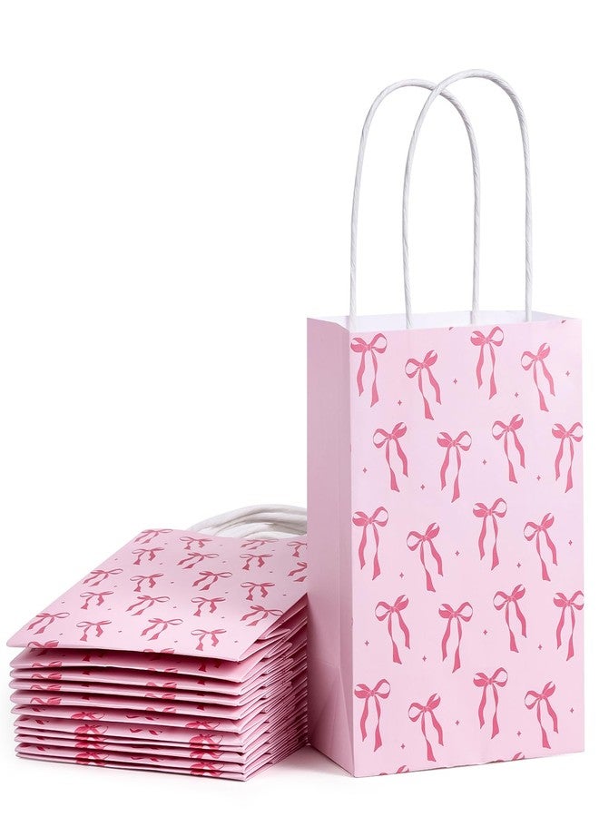 WRAPAHOLIC 12 Pack 7" Small Kraft Pink Bow Paper Gift Bags - Pink Ribbon Bow Gift Bags for Girls Birthday, Baby Shower, Wedding, Bridal Shower - Image 1